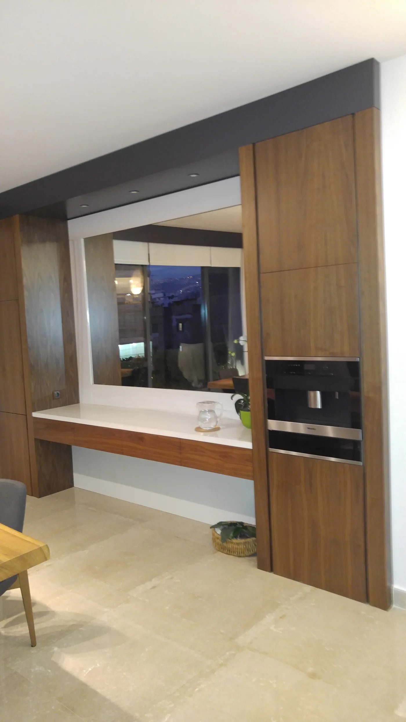 Kitchen counter with a city view