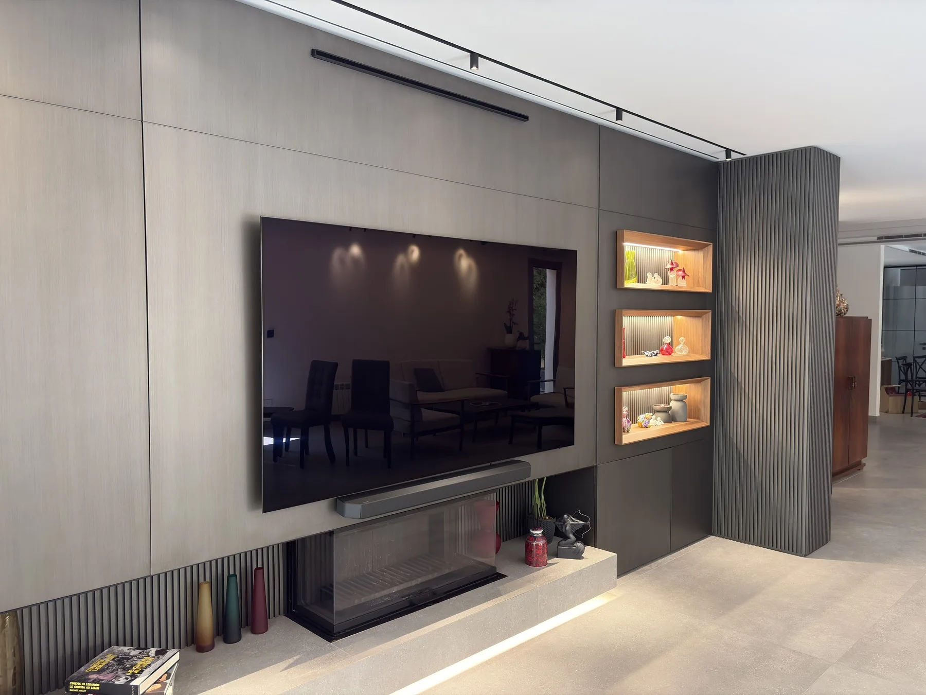 Home bar — walnut and stainless mesh cabinetry