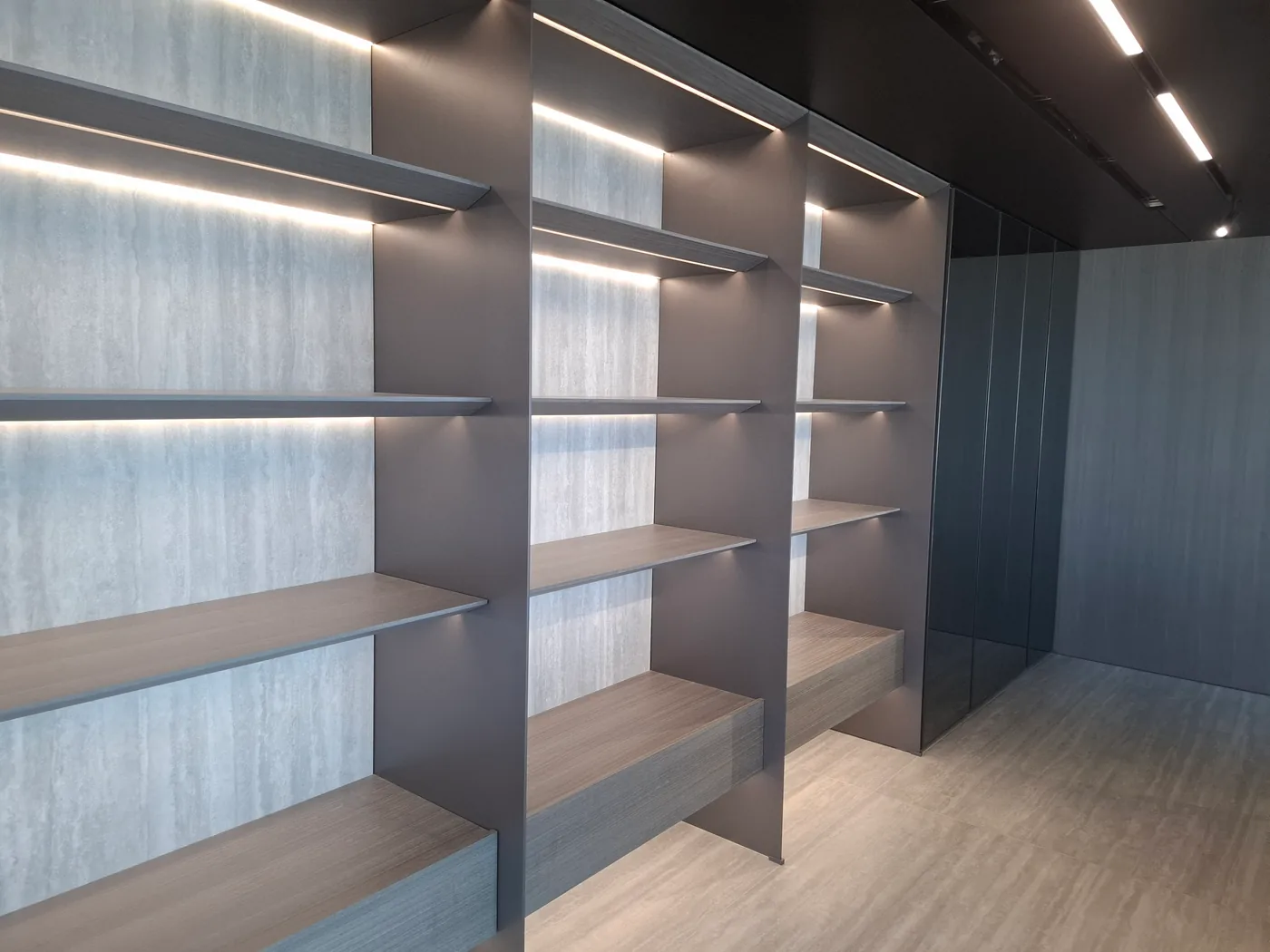 Wall unit — lit shelving and mirror-clad column