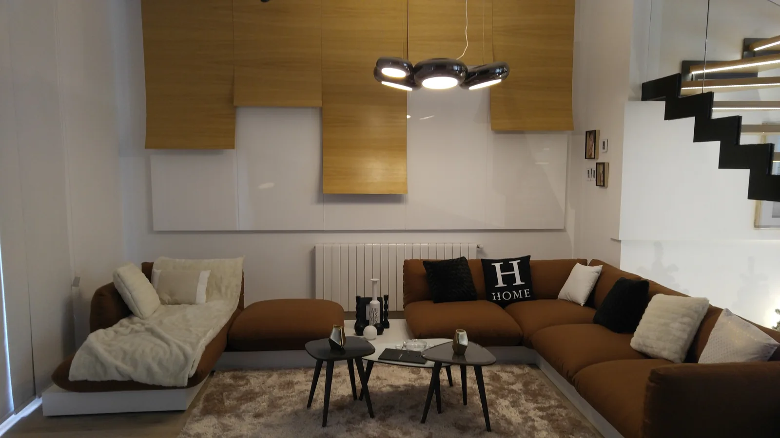 Living area — oak-veneered wall panelling